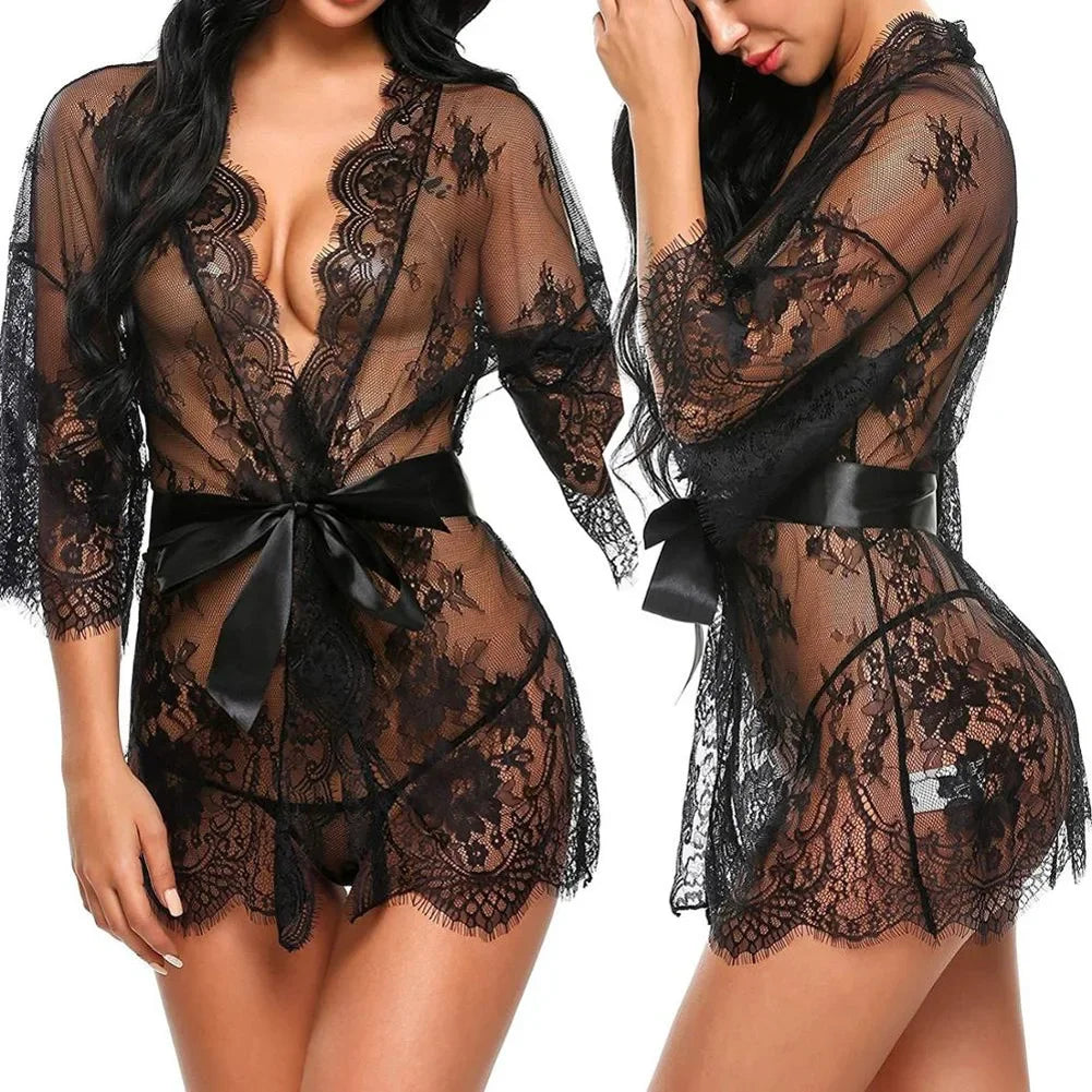 Nuisette Dentelle Transparente Col V avec String