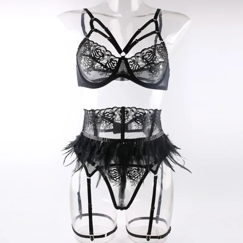 Ensemble Lingerie Dentelle Fine à Plumes