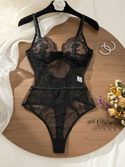 Body Dentelle Noir Brodé Taille Haute Échancré