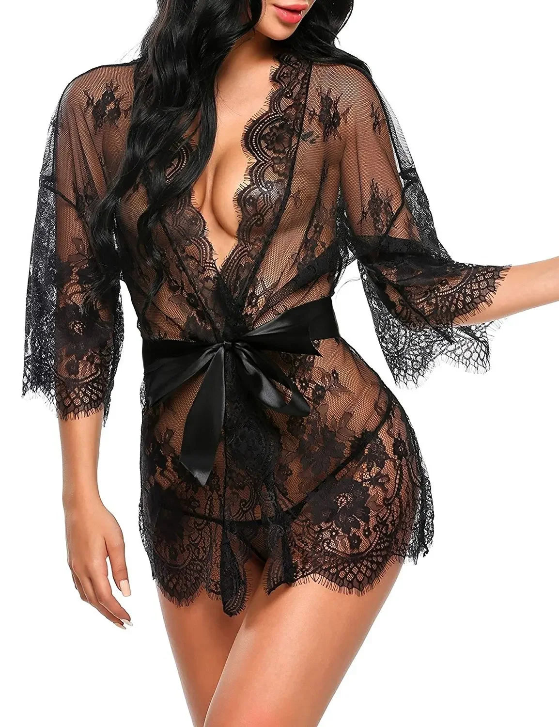 Nuisette Dentelle Transparente Col V avec String