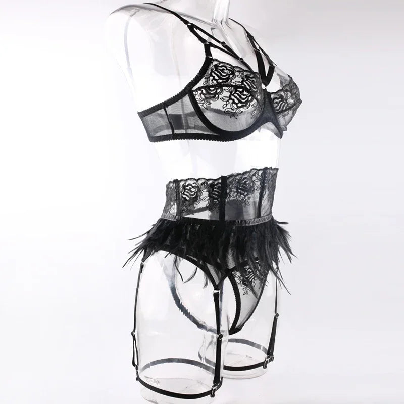 Ensemble Lingerie Dentelle Fine à Plumes