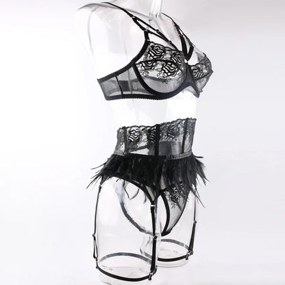Ensemble Lingerie Dentelle Fine à Plumes