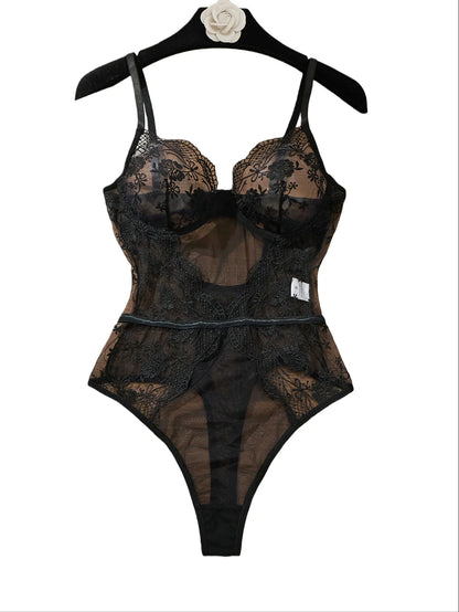 Body Dentelle Noir Brodé Taille Haute Échancré