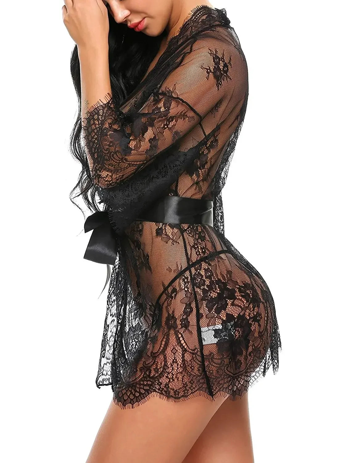 Nuisette Dentelle Transparente Col V avec String
