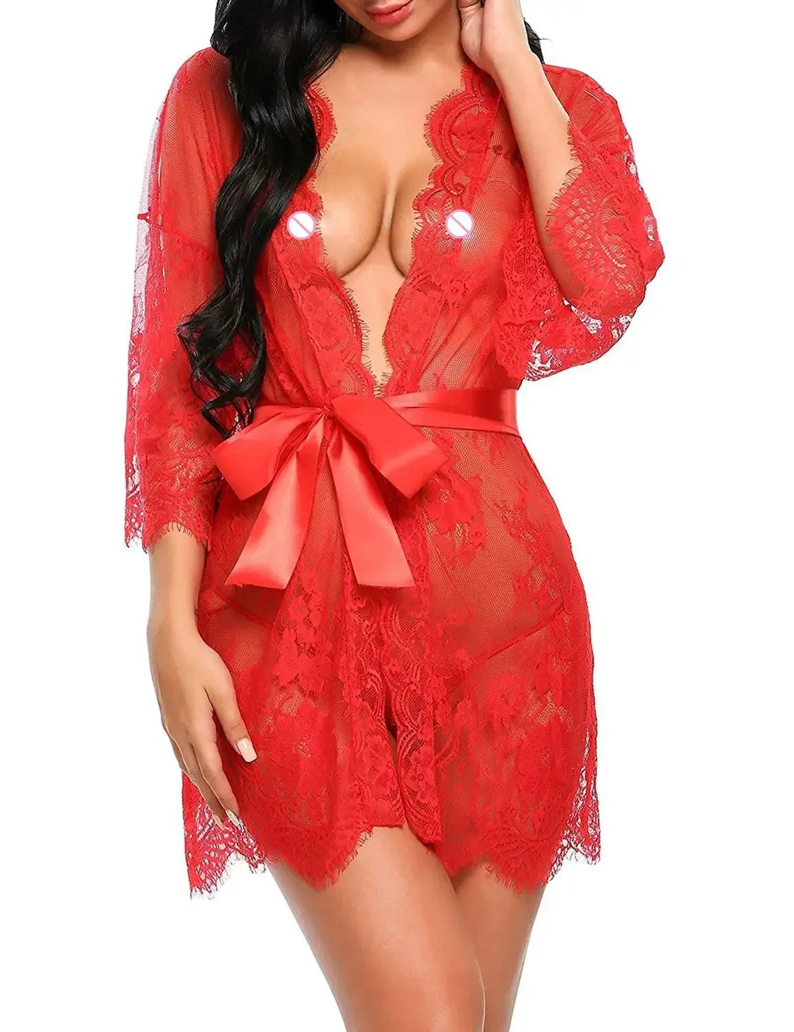 Nuisette Dentelle Transparente Col V avec String