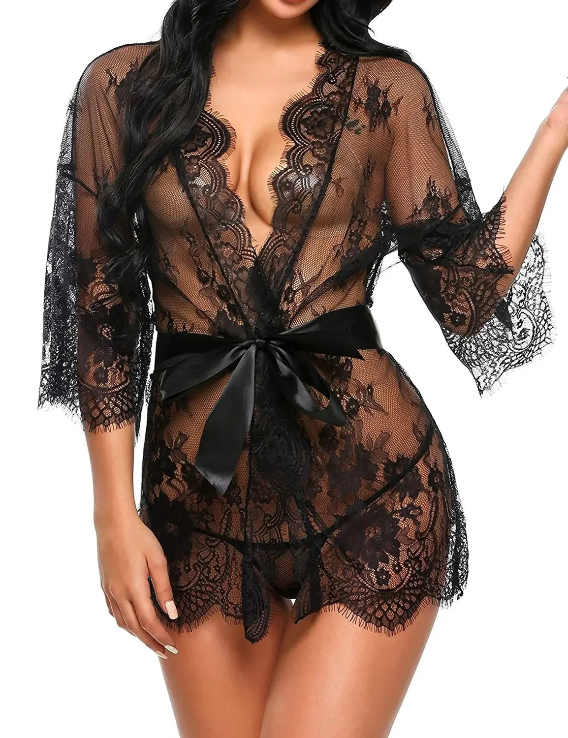 Nuisette Dentelle Transparente Col V avec String