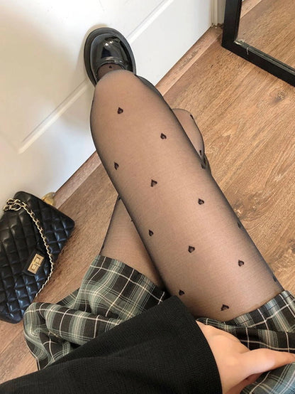 Collant Noir Motif Cœurs et Pois